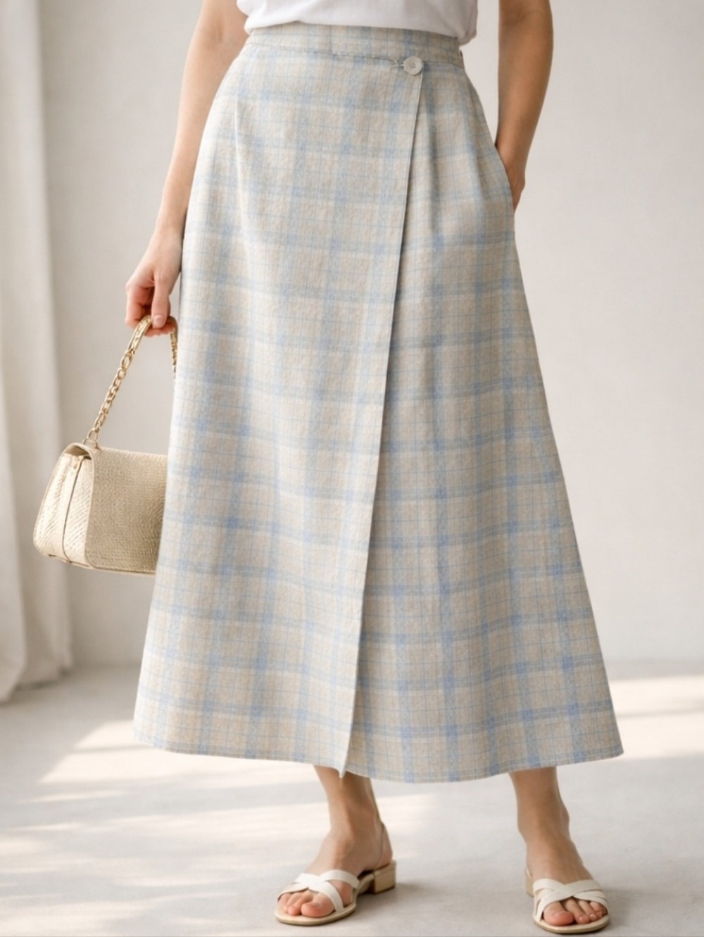 Talbots Blue Plaid Linen Wrap Midi Skirt USA Made Size 8 Preppy Coastal